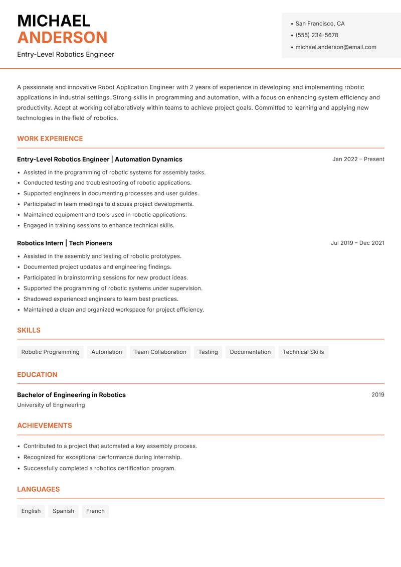 Robot Application Engineer resume template — Modern Professional