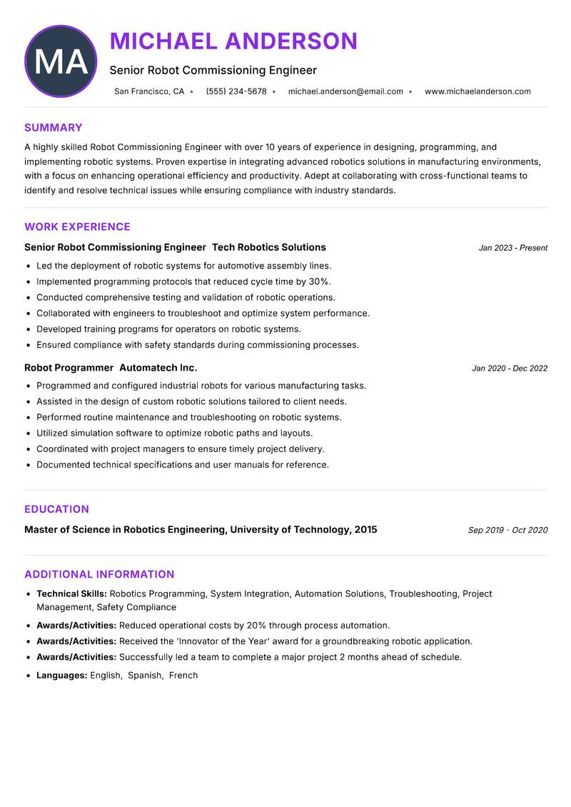 Robot Commissioning Engineer resume example — ATS-friendly template