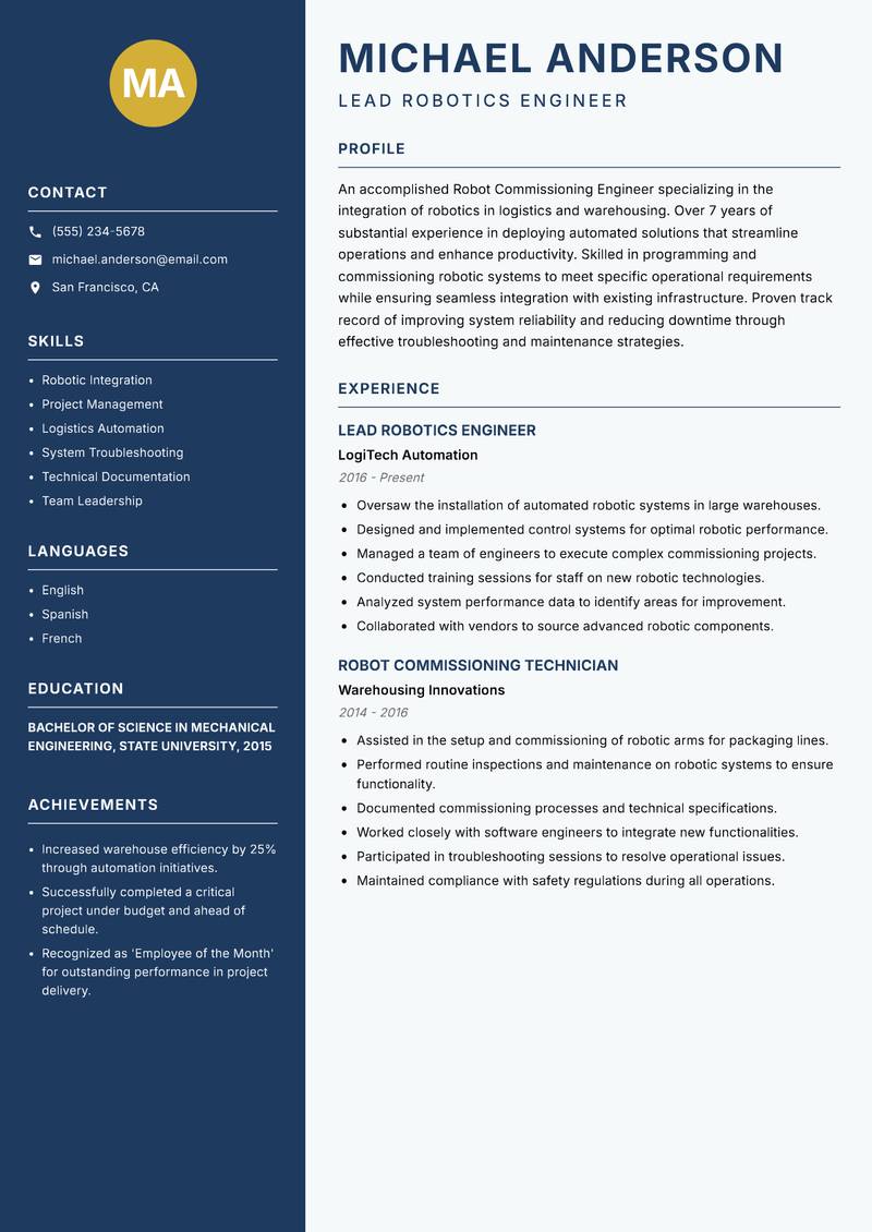 Robot Commissioning Engineer resume template — Classic Clean