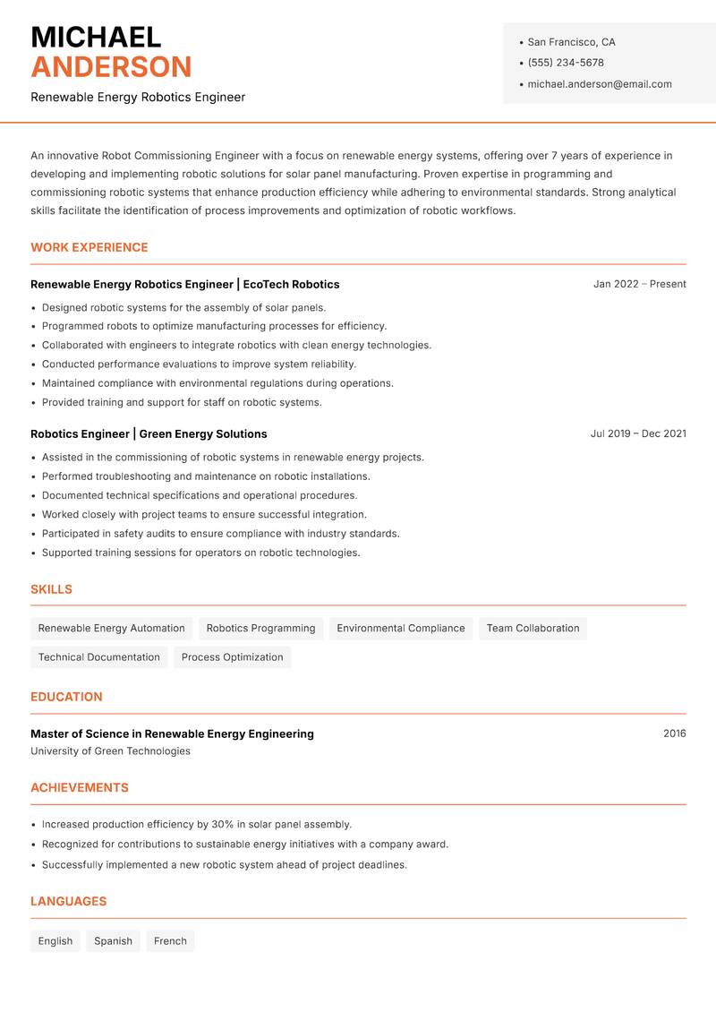 Robot Commissioning Engineer resume template — Modern Professional