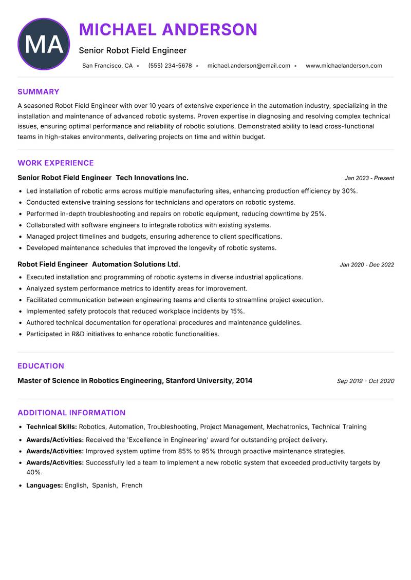 Robot Field Engineer resume example — ATS-friendly template