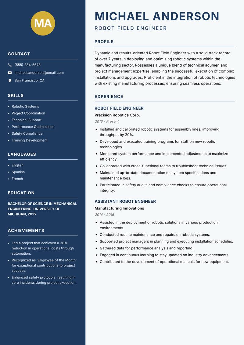 Robot Field Engineer resume template — Classic Clean
