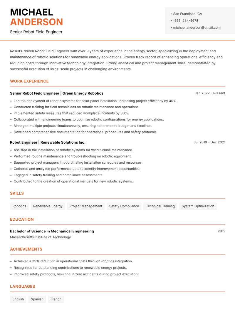 Robot Field Engineer resume template — Modern Professional