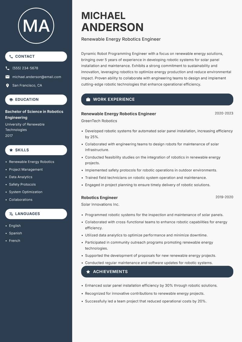 Robot Programming Engineer resume template — Compact