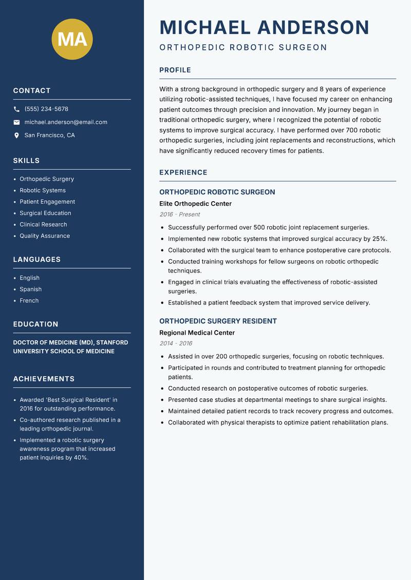Robotic Surgeon resume template — Classic Clean