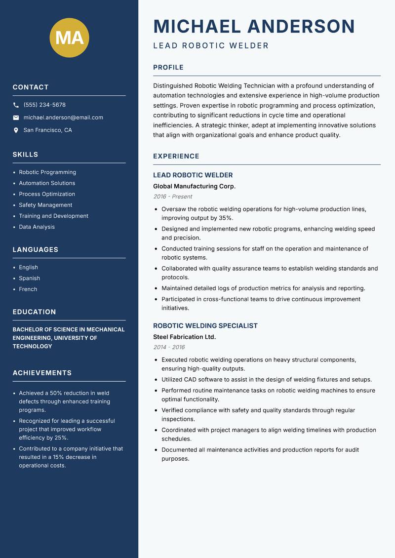Robotic Welding Technician resume template — Classic Clean