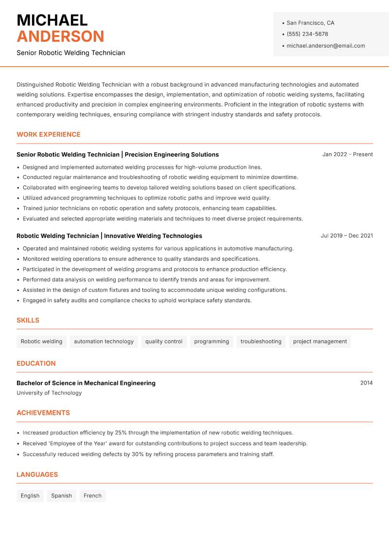 Robotic Welding Technician resume template — Modern Professional
