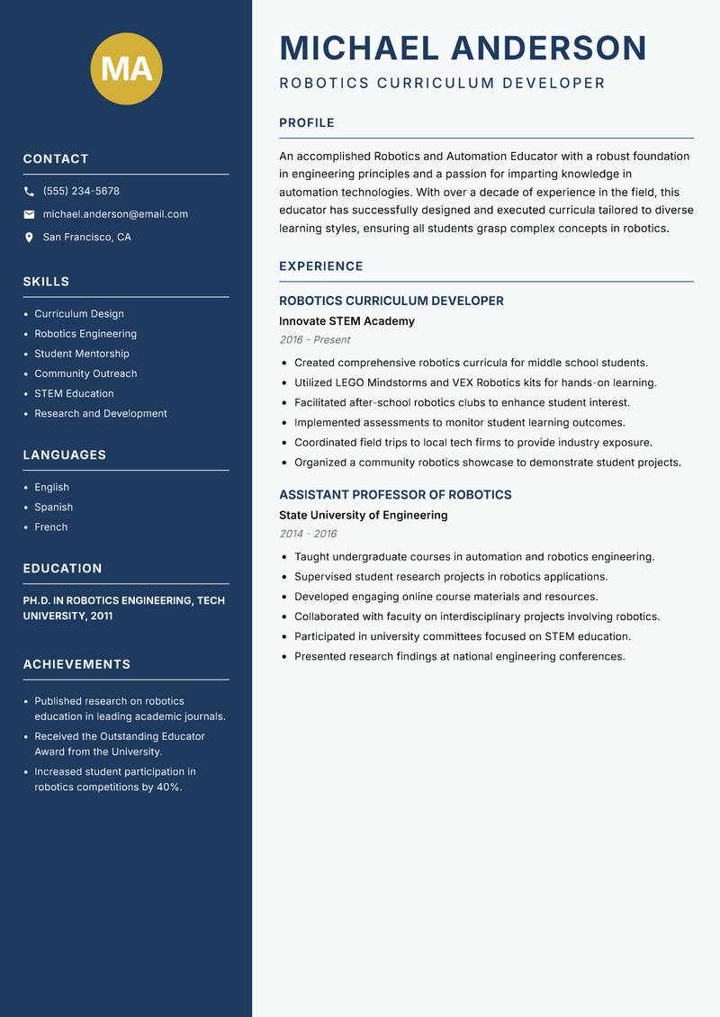 Robotics and Automation Educator resume template — Classic Clean