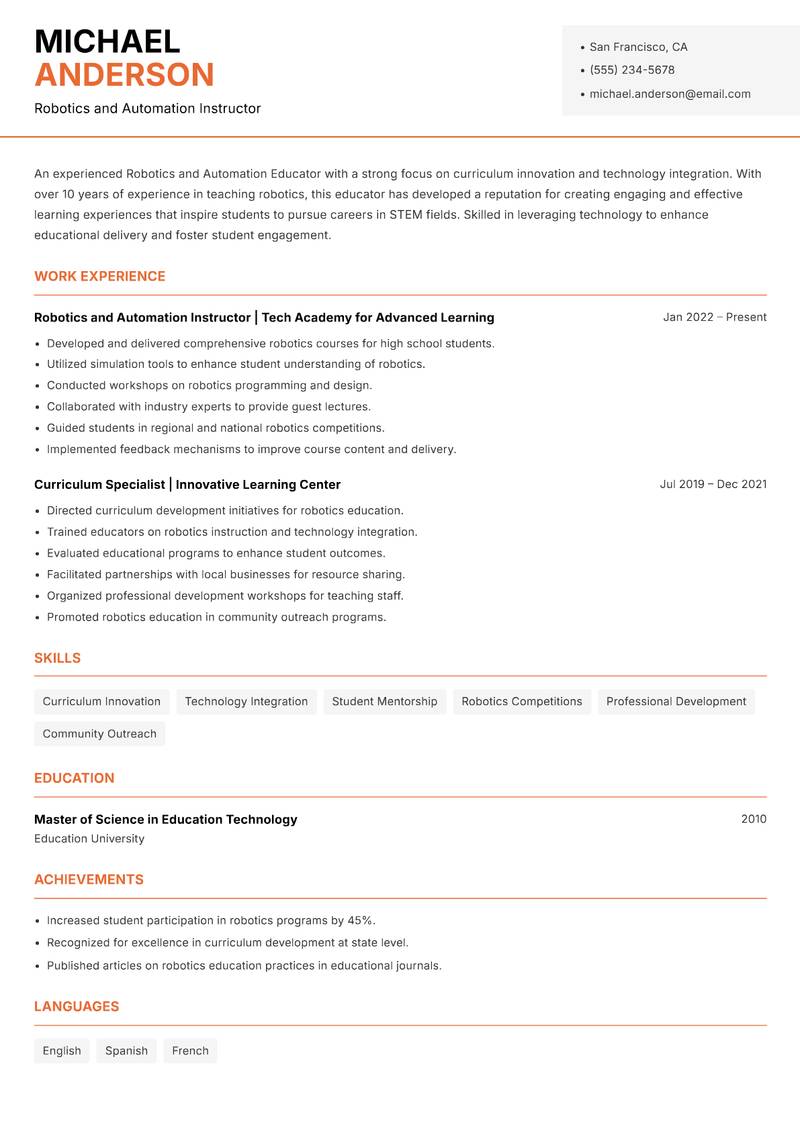 Robotics and Automation Educator resume template — Modern Professional