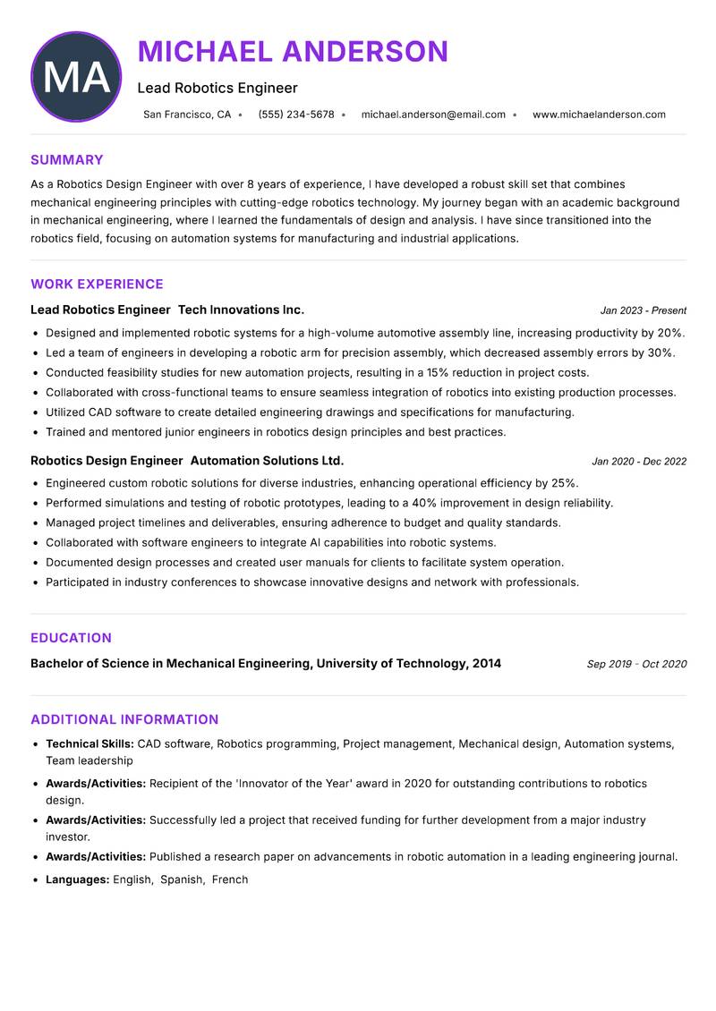 Robotics Design Engineer resume example — ATS-friendly template