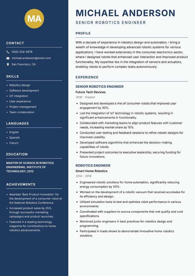 Robotics Design Engineer resume template — Classic Clean
