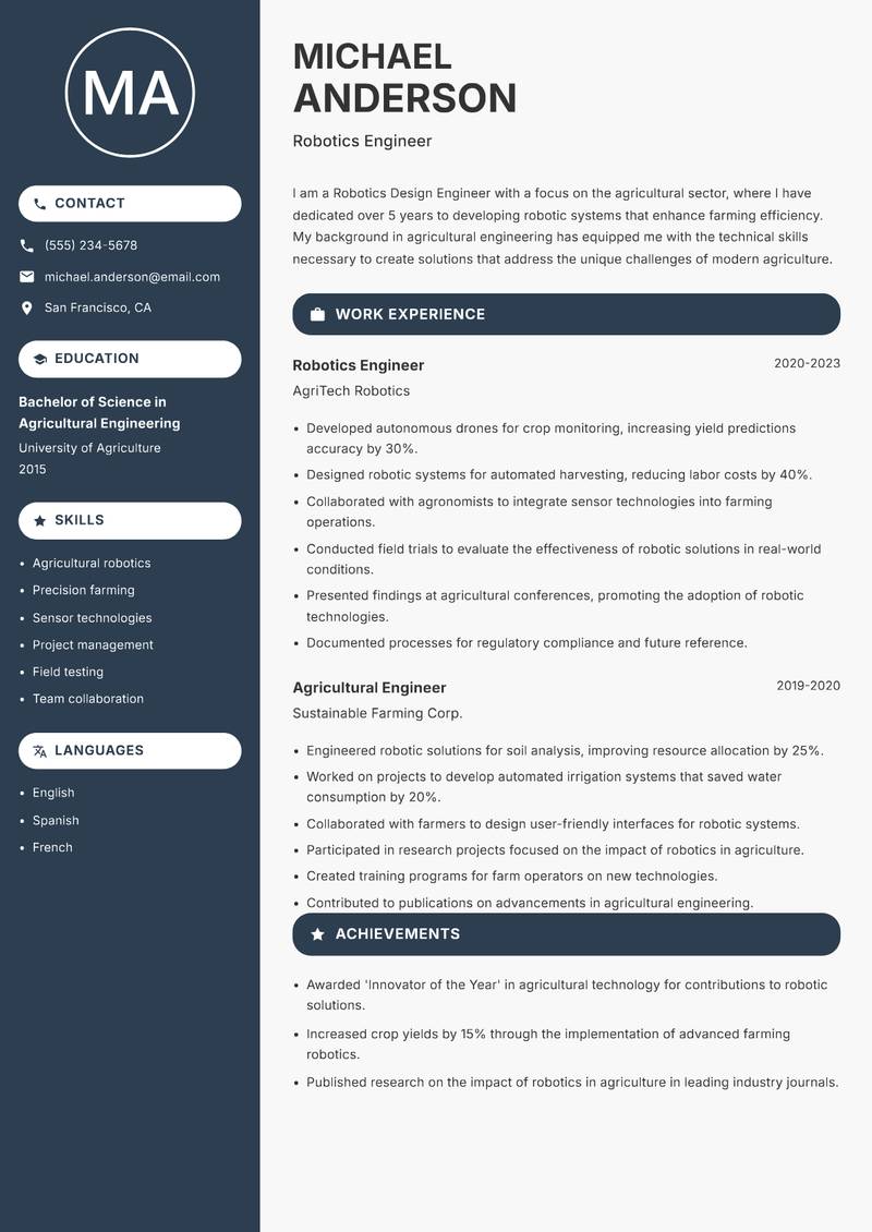 Robotics Design Engineer resume template — Compact