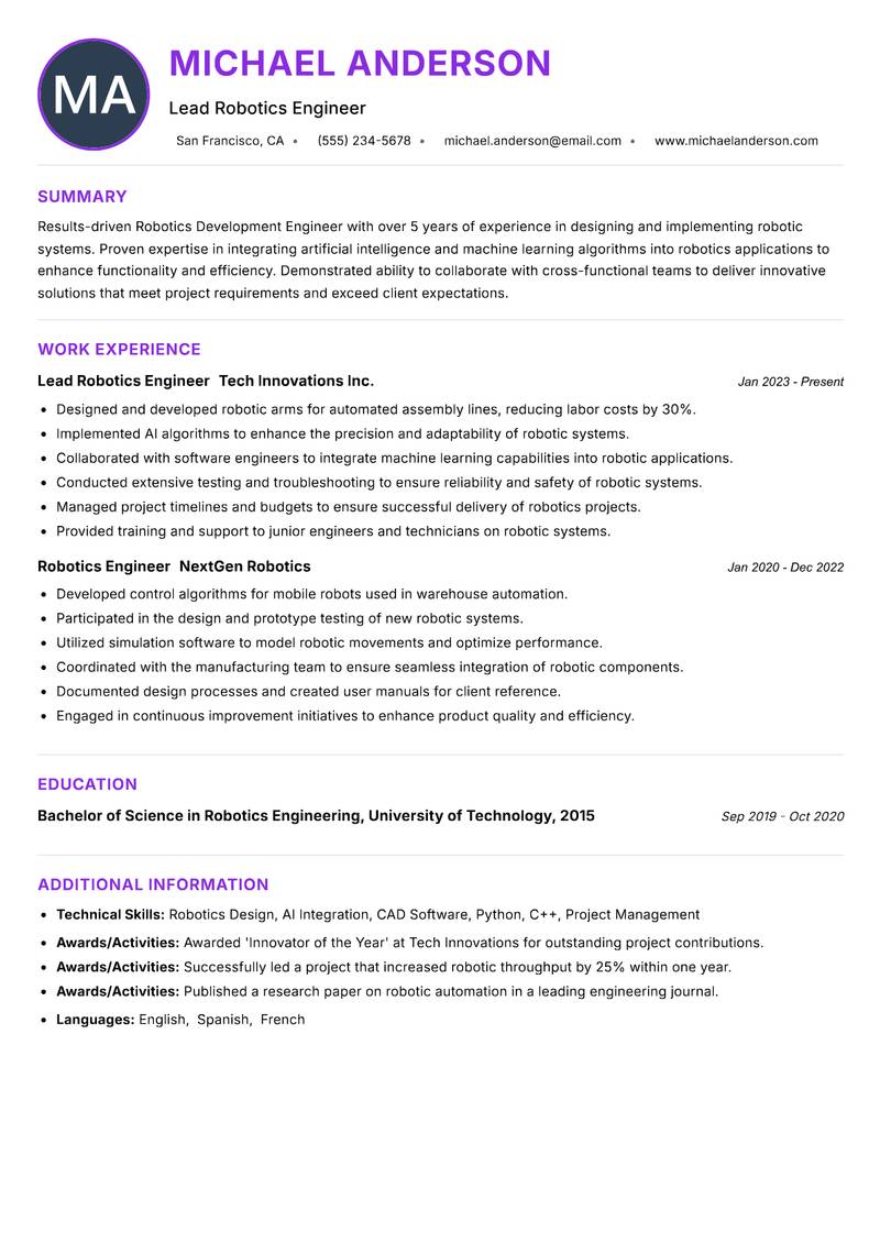 Robotics Development Engineer resume example — ATS-friendly template