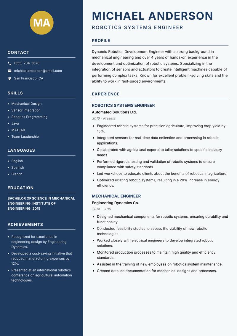 Robotics Development Engineer resume template — Classic Clean