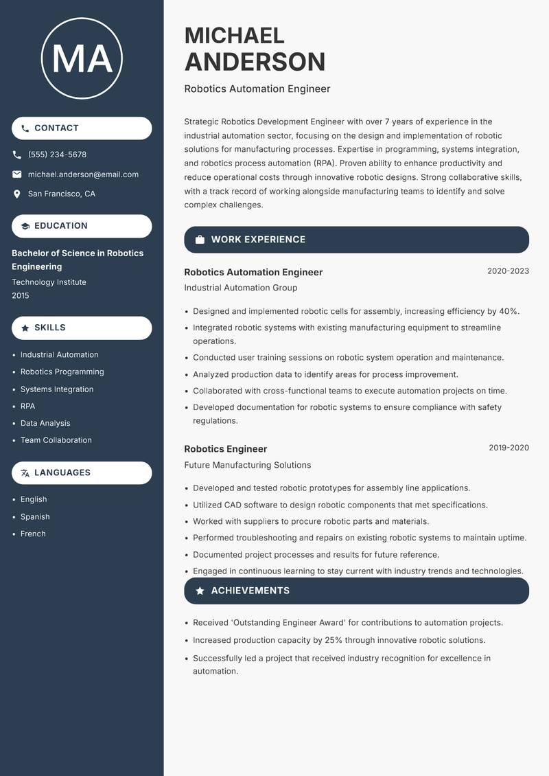 Robotics Development Engineer resume template — Compact