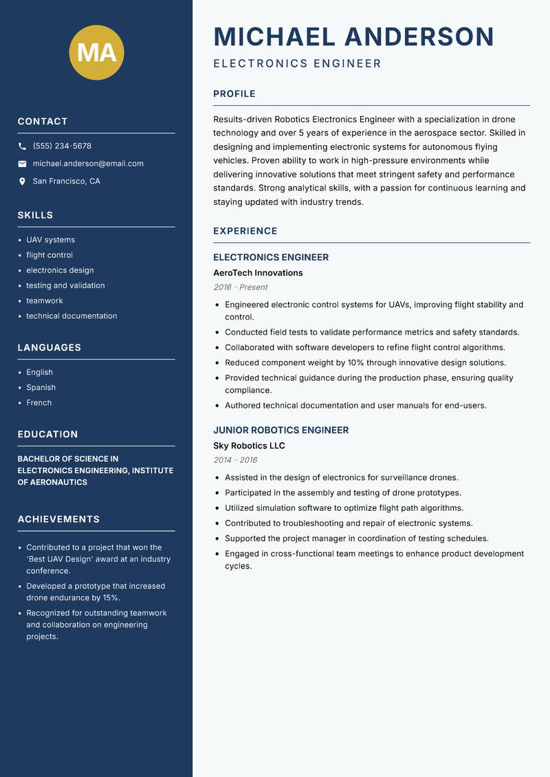 Robotics Electronics Engineer resume template — Classic Clean