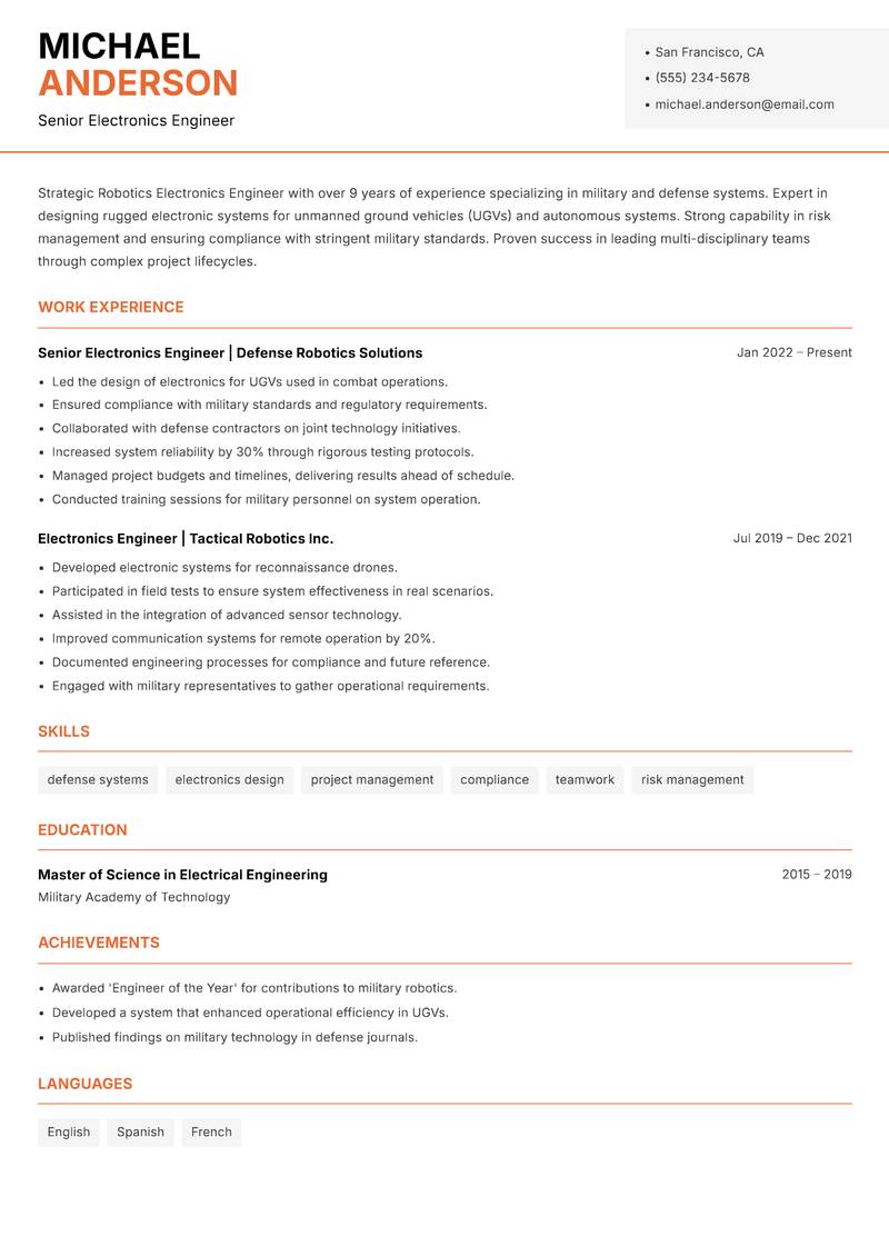 Robotics Electronics Engineer resume template — Modern Professional