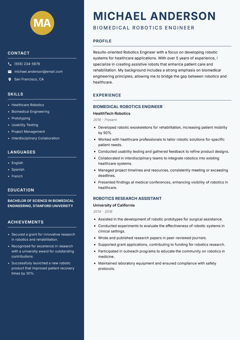 Robotics Engineer resume template — Classic Clean