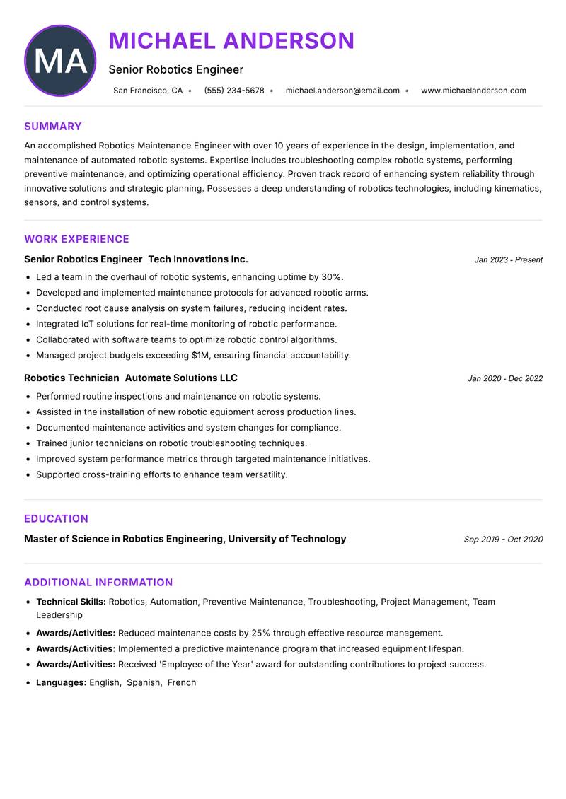 Robotics Maintenance Engineer resume example — ATS-friendly template