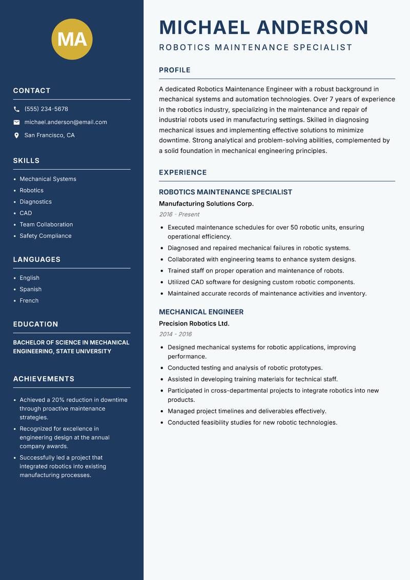 Robotics Maintenance Engineer resume template — Classic Clean