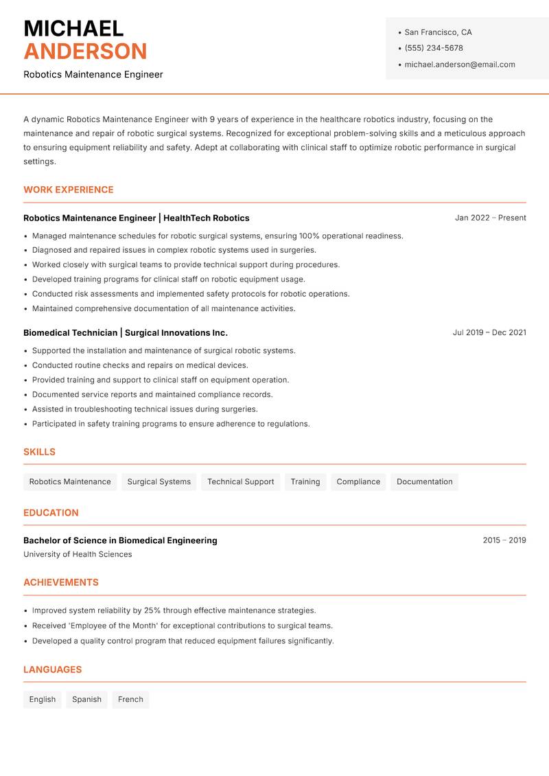 Robotics Maintenance Engineer resume template — Modern Professional