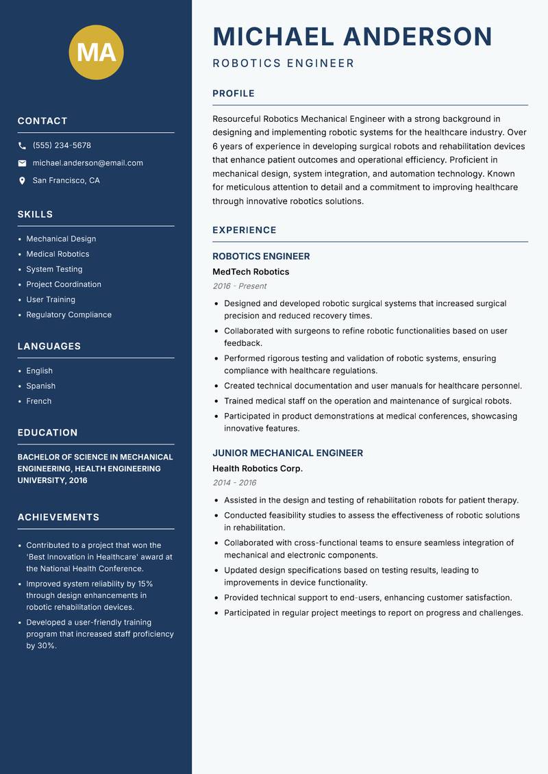 Robotics Mechanical Engineer resume template — Classic Clean