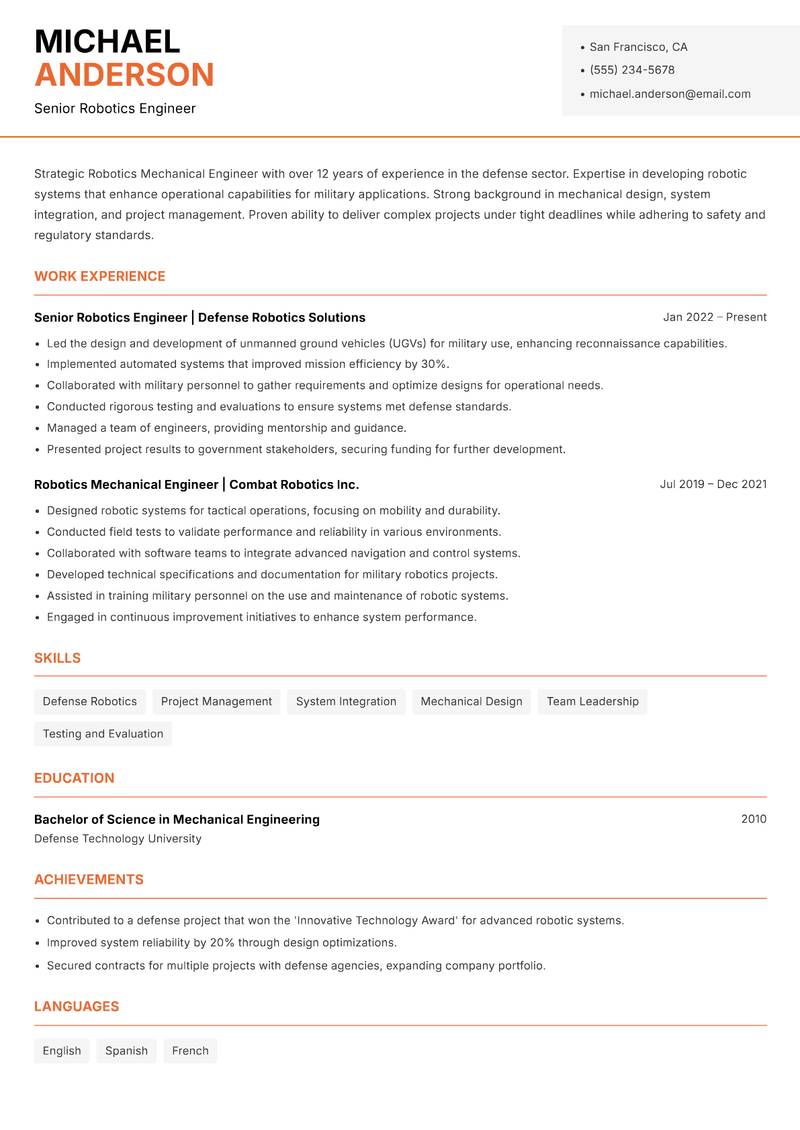 Robotics Mechanical Engineer resume template — Modern Professional