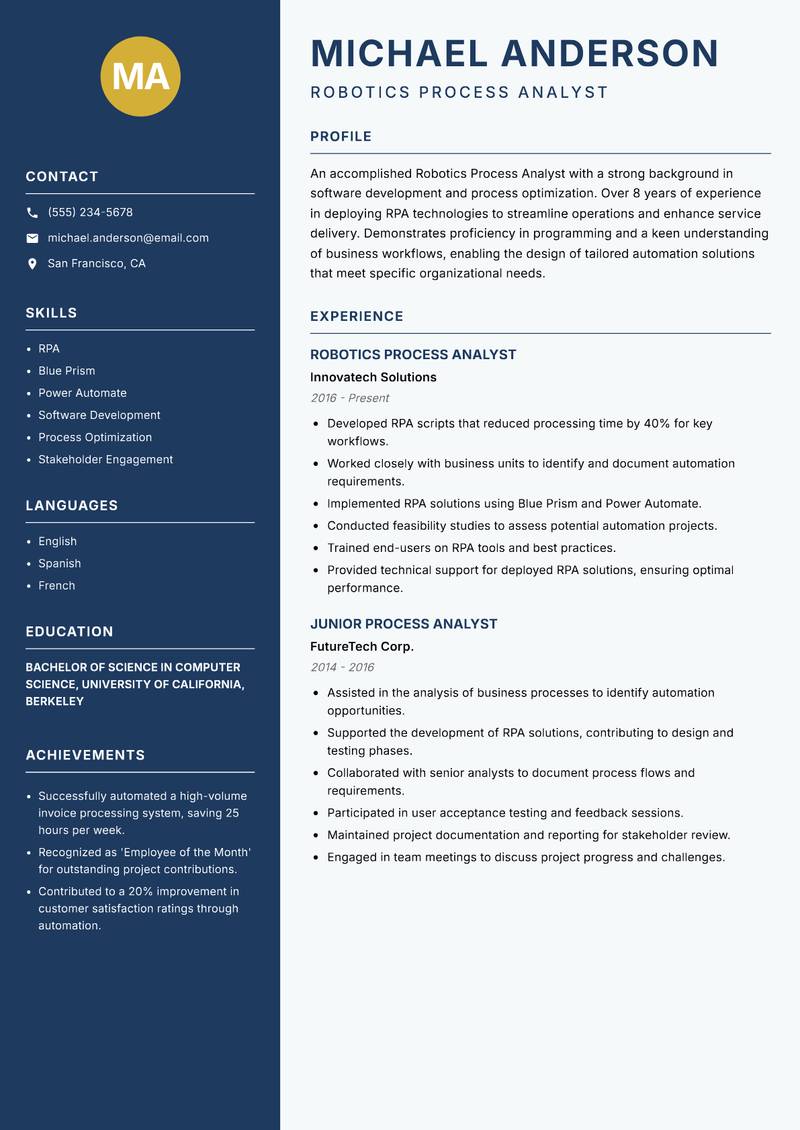 Robotics Process Analyst resume template — Classic Clean