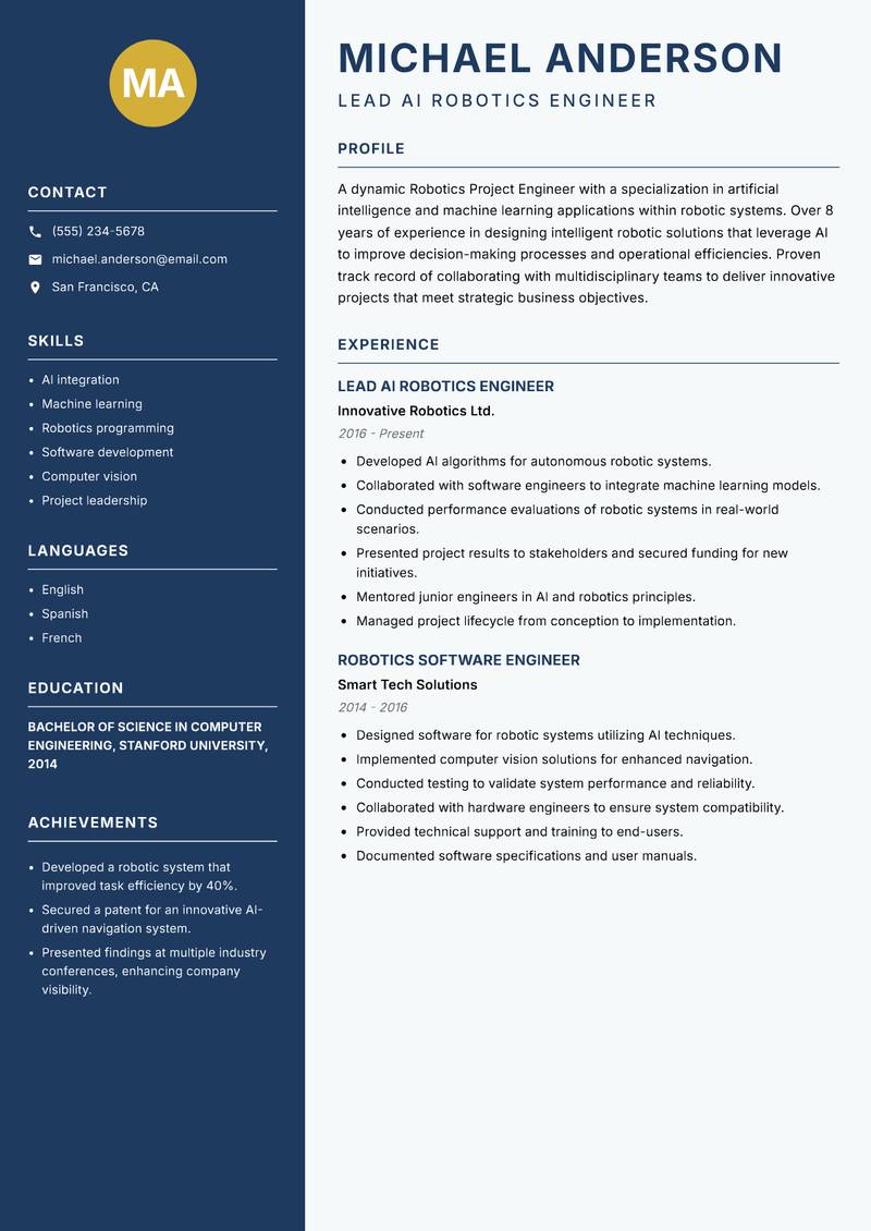 Robotics Project Engineer resume template — Classic Clean