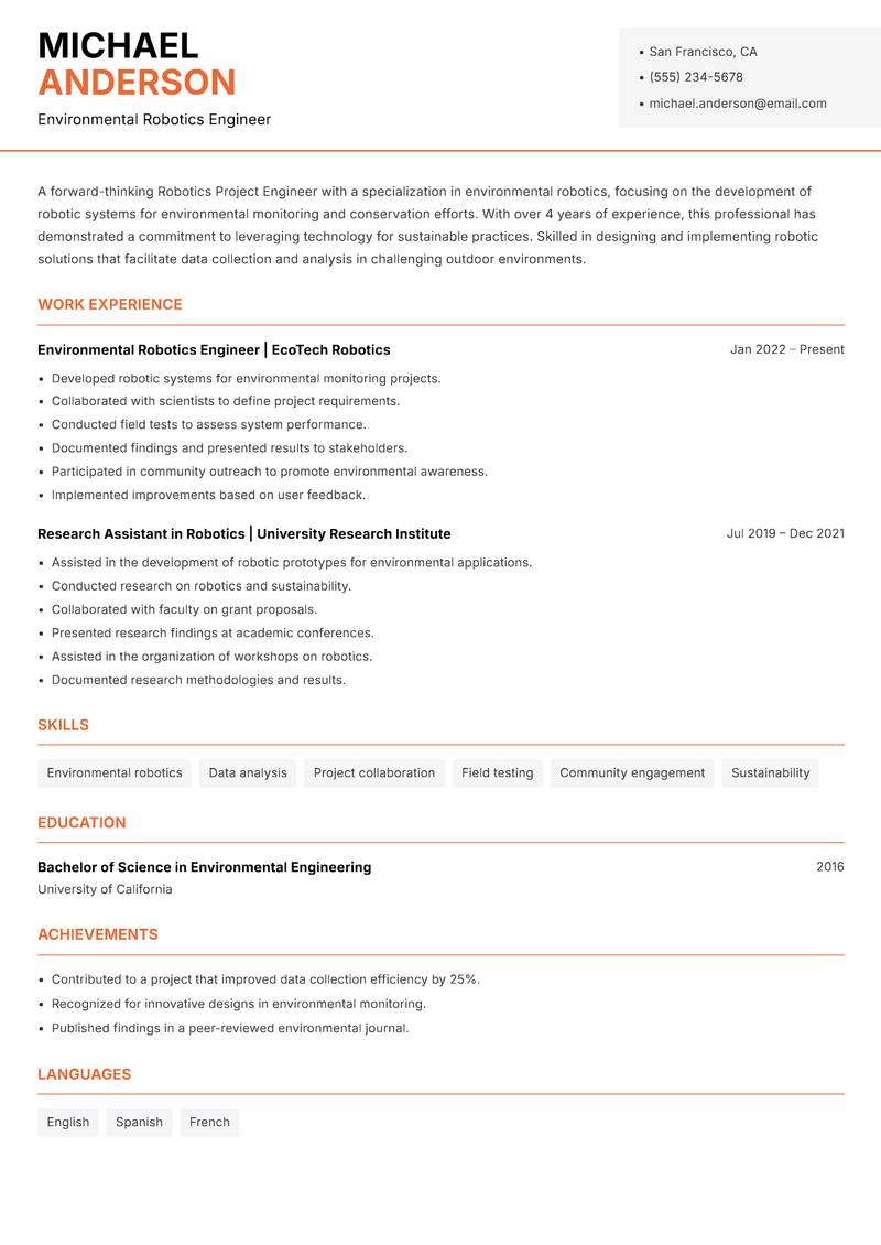 Robotics Project Engineer resume template — Modern Professional