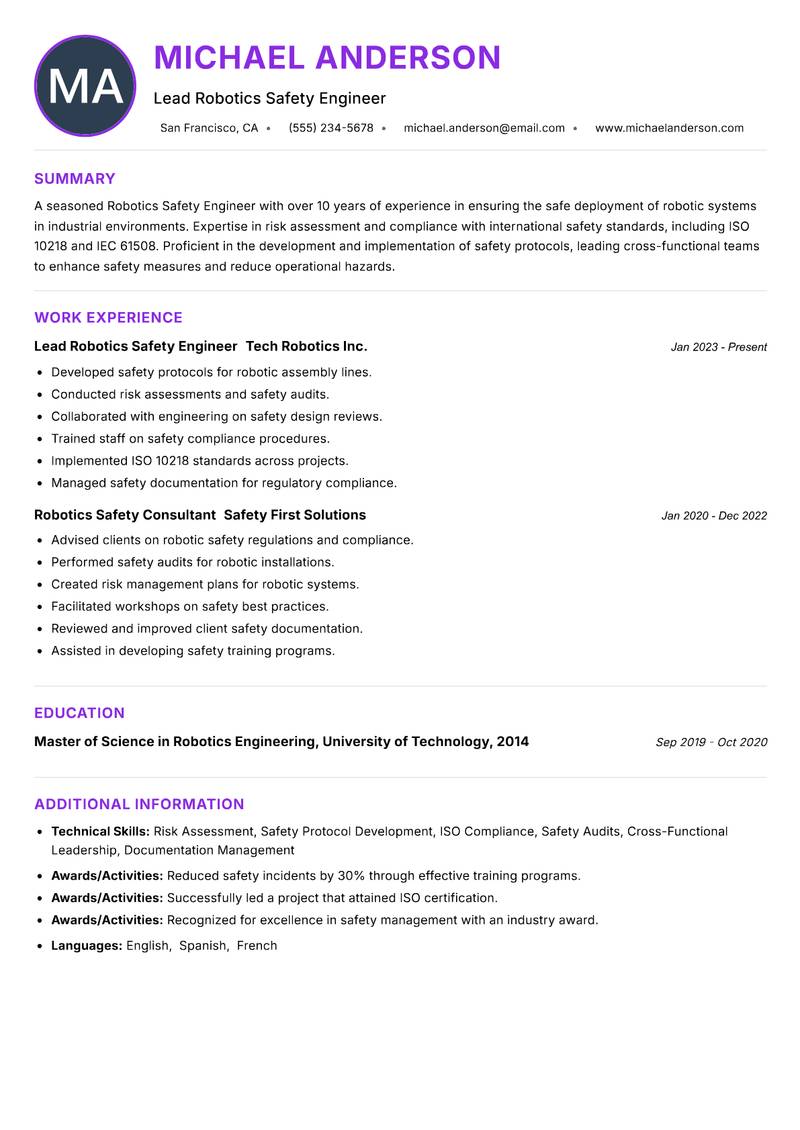 Robotics Safety Engineer resume example — ATS-friendly template