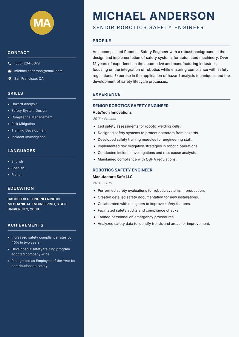 Robotics Safety Engineer resume template — Classic Clean