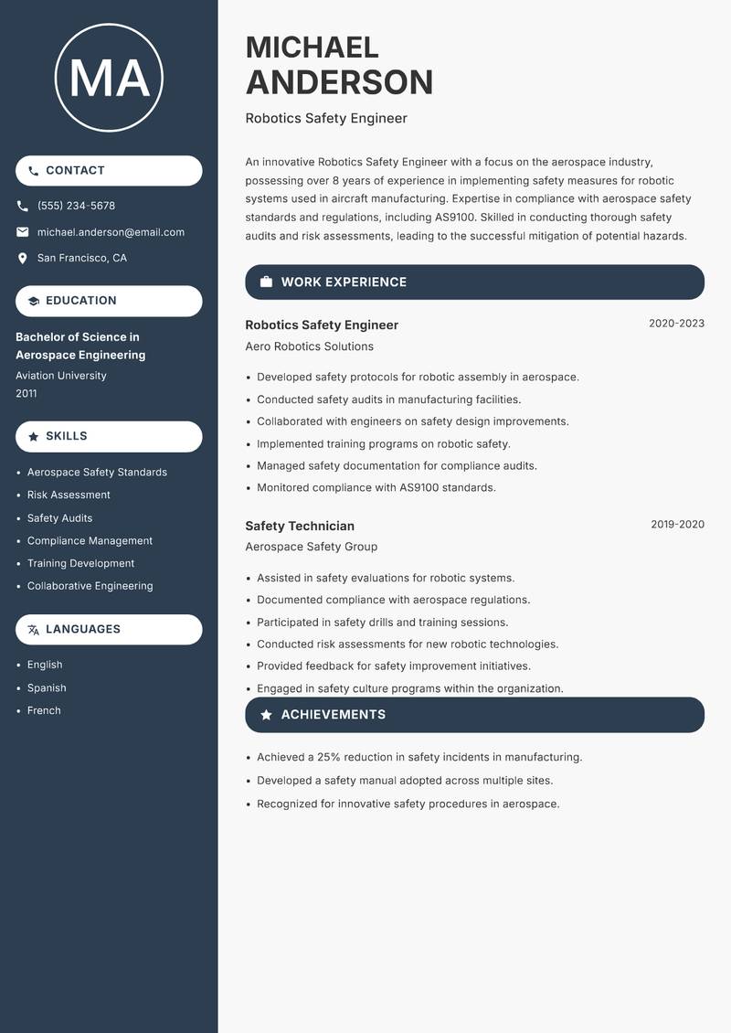 Robotics Safety Engineer resume template — Compact