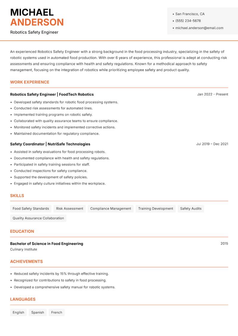 Robotics Safety Engineer resume template — Modern Professional