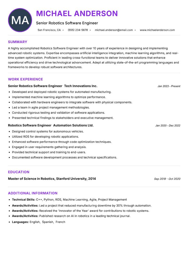 Robotics Software Engineer resume example — ATS-friendly template