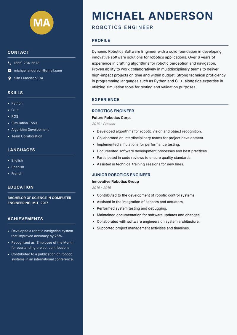 Robotics Software Engineer resume template — Classic Clean