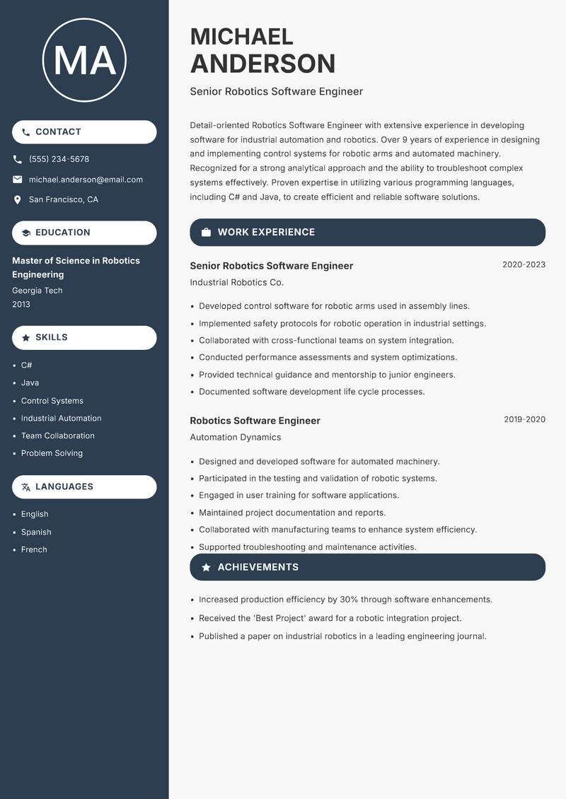 Robotics Software Engineer resume template — Compact