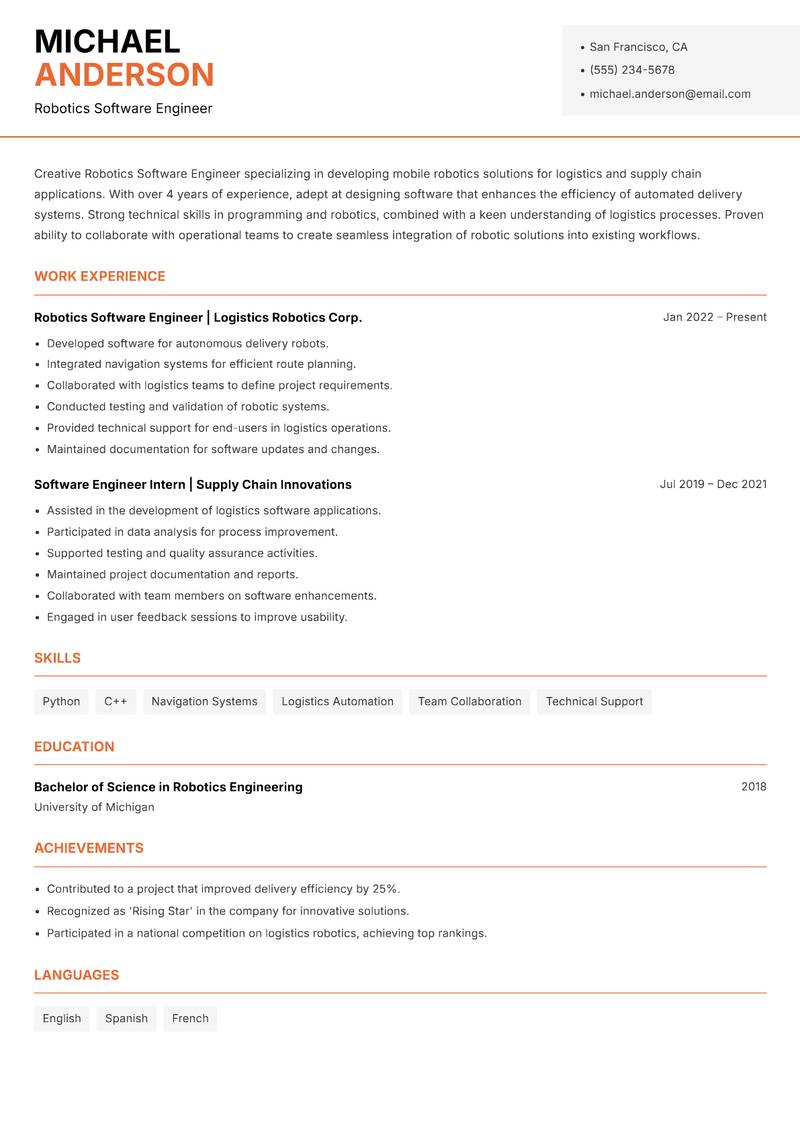 Robotics Software Engineer resume template — Modern Professional