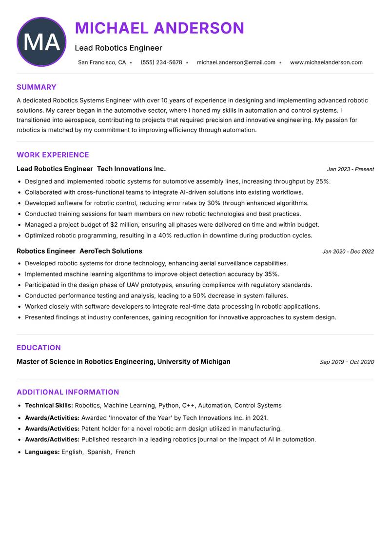 Robotics Systems Engineer resume example — ATS-friendly template