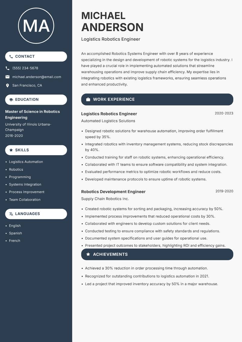 Robotics Systems Engineer resume template — Compact