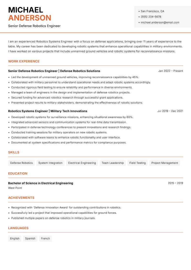 Robotics Systems Engineer resume template — Modern Professional