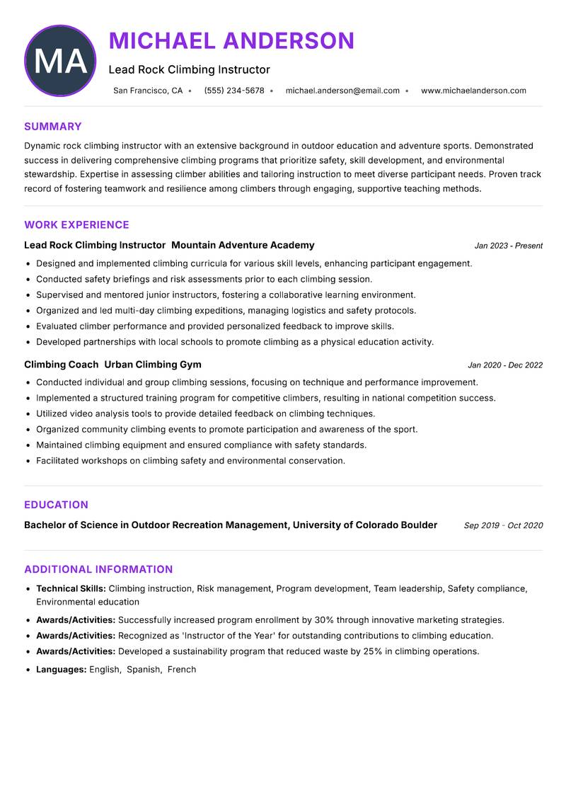 Rock Climbing Instructor resume example — ATS-friendly template
