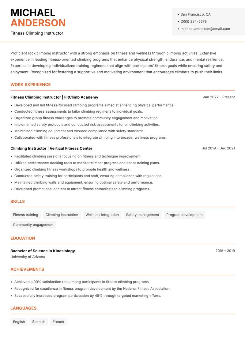 Rock Climbing Instructor resume template — Modern Professional