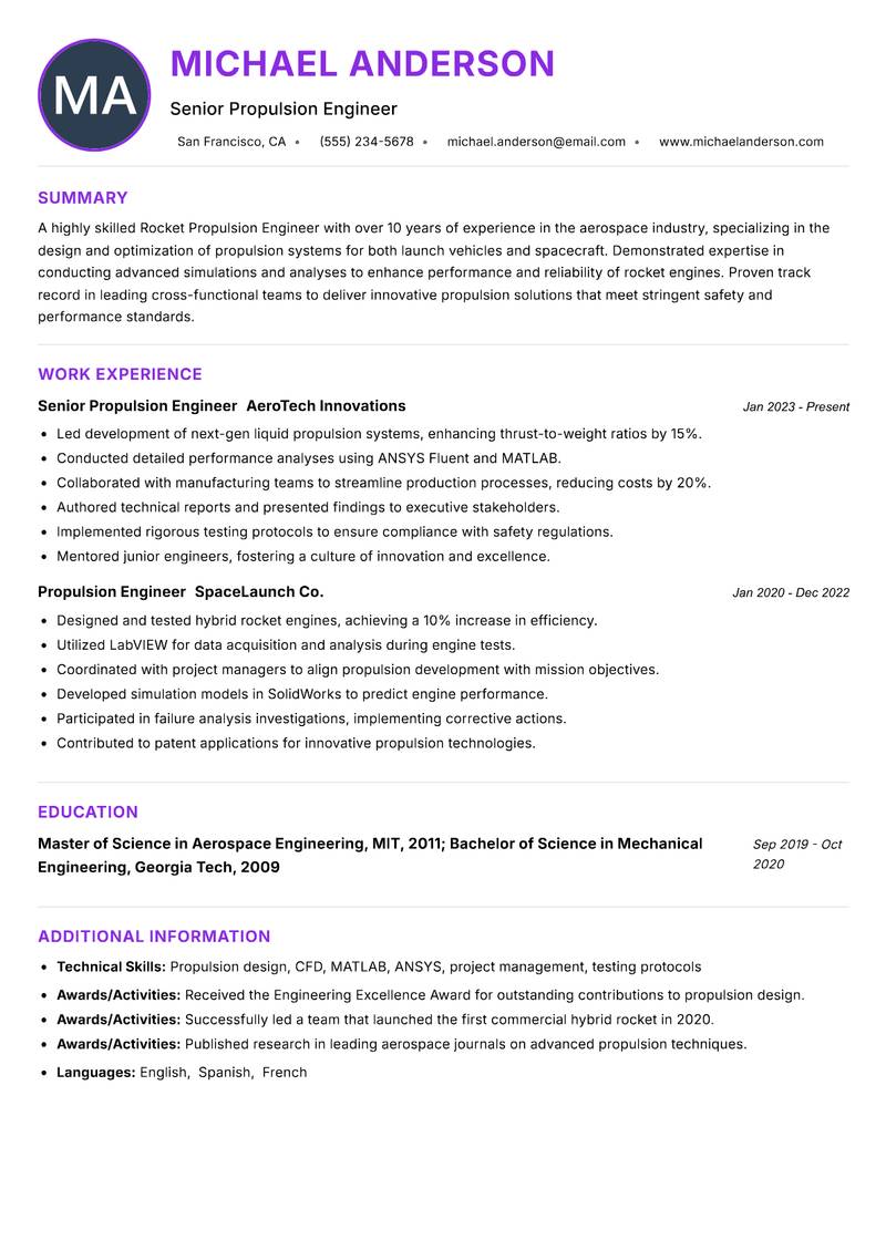 Rocket Propulsion Engineer resume example — ATS-friendly template