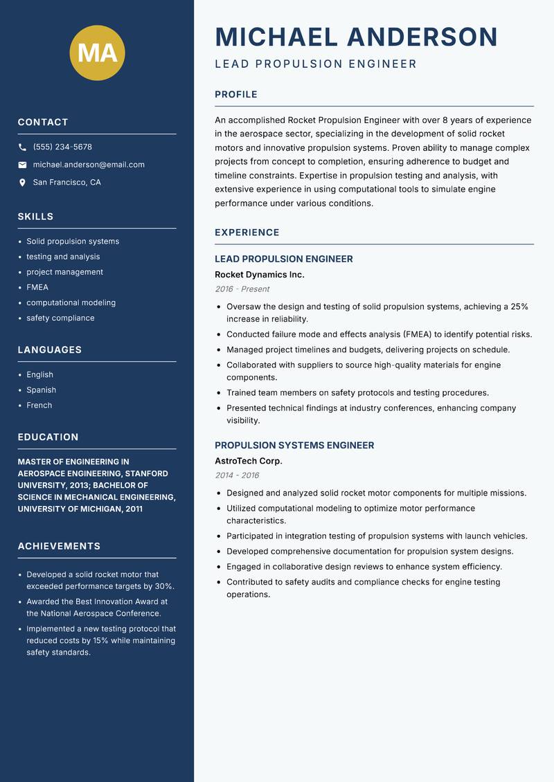 Rocket Propulsion Engineer resume template — Classic Clean