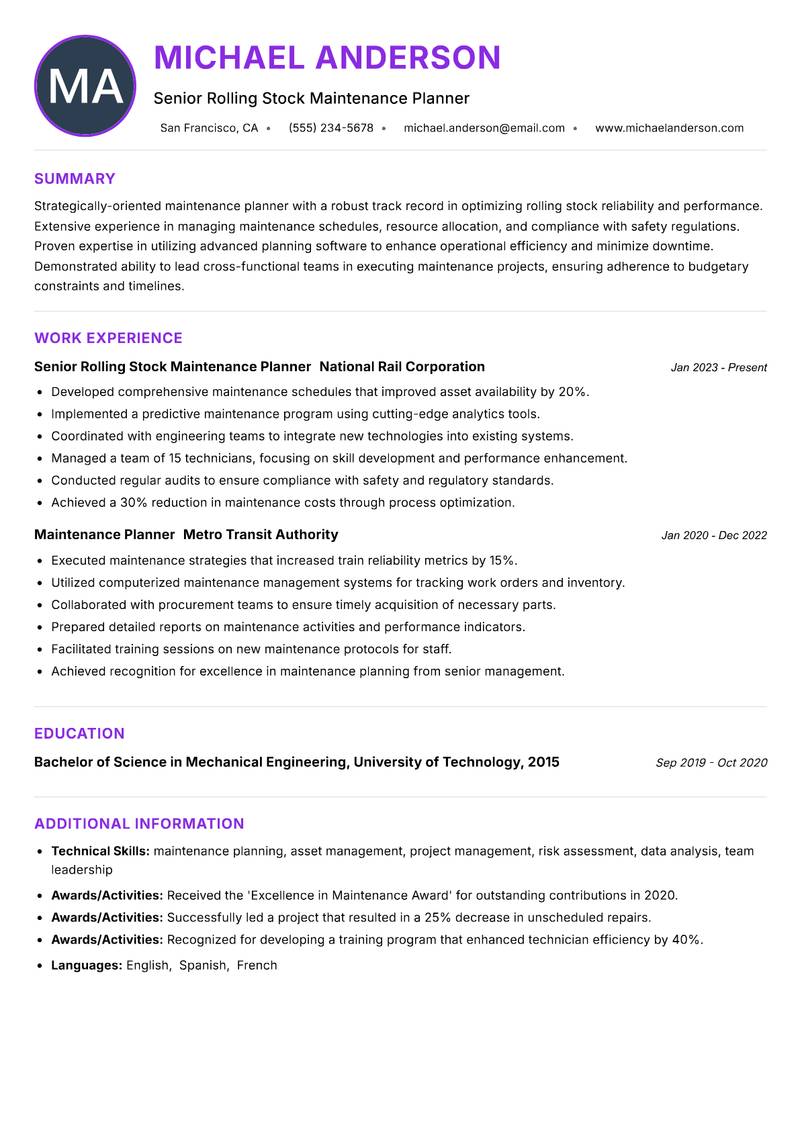 Rolling Stock Maintenance Planner resume example — ATS-friendly template