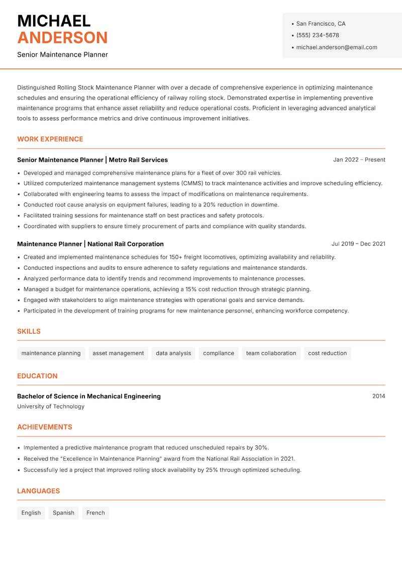 Rolling Stock Maintenance Planner resume template — Modern Professional