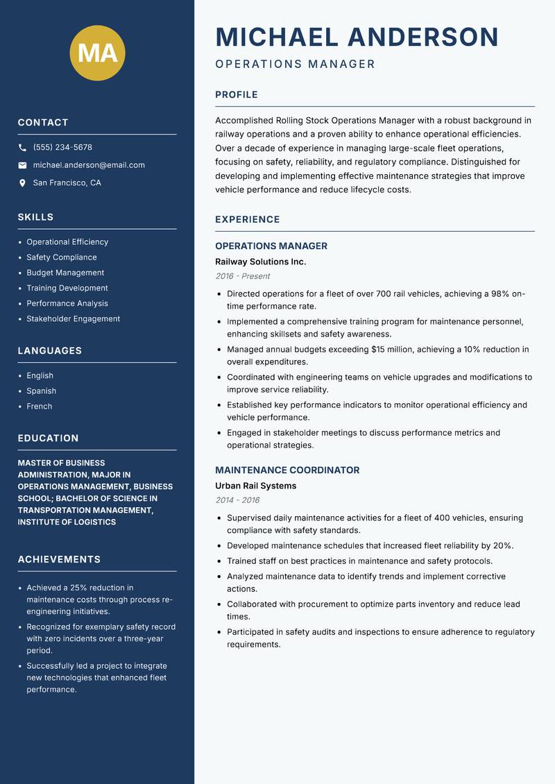 Rolling Stock Operations Manager resume template — Classic Clean