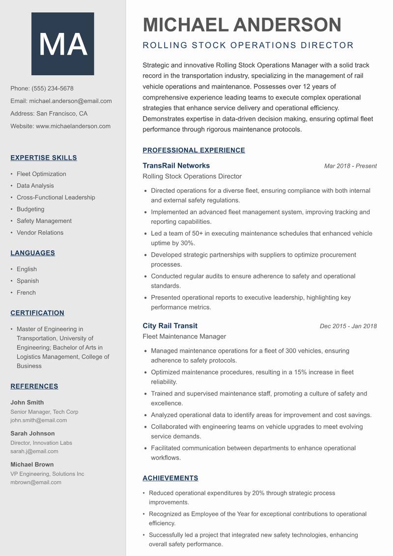 Rolling Stock Operations Manager resume template — Creative Minimal