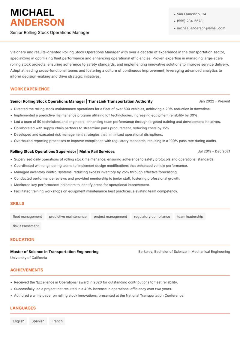 Rolling Stock Operations Manager resume template — Modern Professional